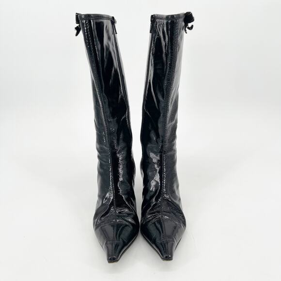 Vintage Miu Miu Black Patent Leather Pointed Toe Mid Calf Heel Boots IT 38.5 - Picture 5 of 13
